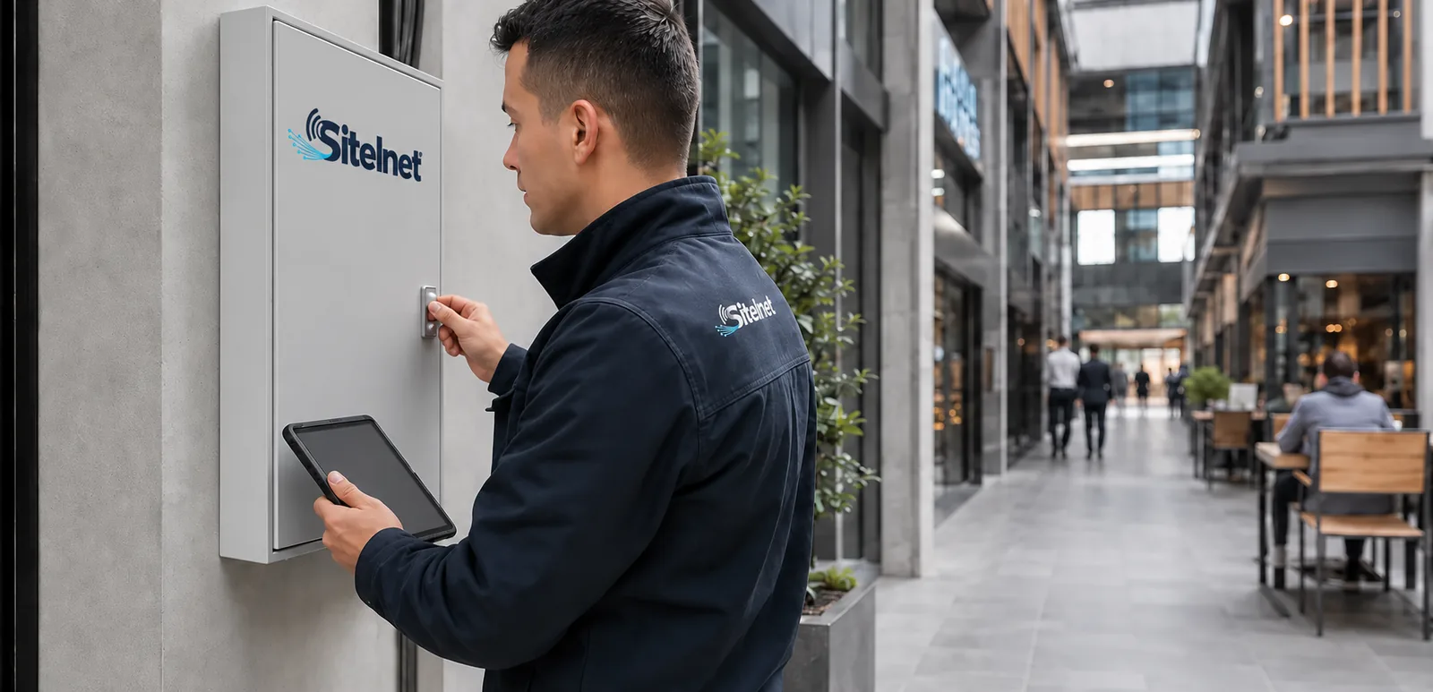 İş merkezindeki fiber dağıtım kutusunda çalışan Sitelnet teknisyeni