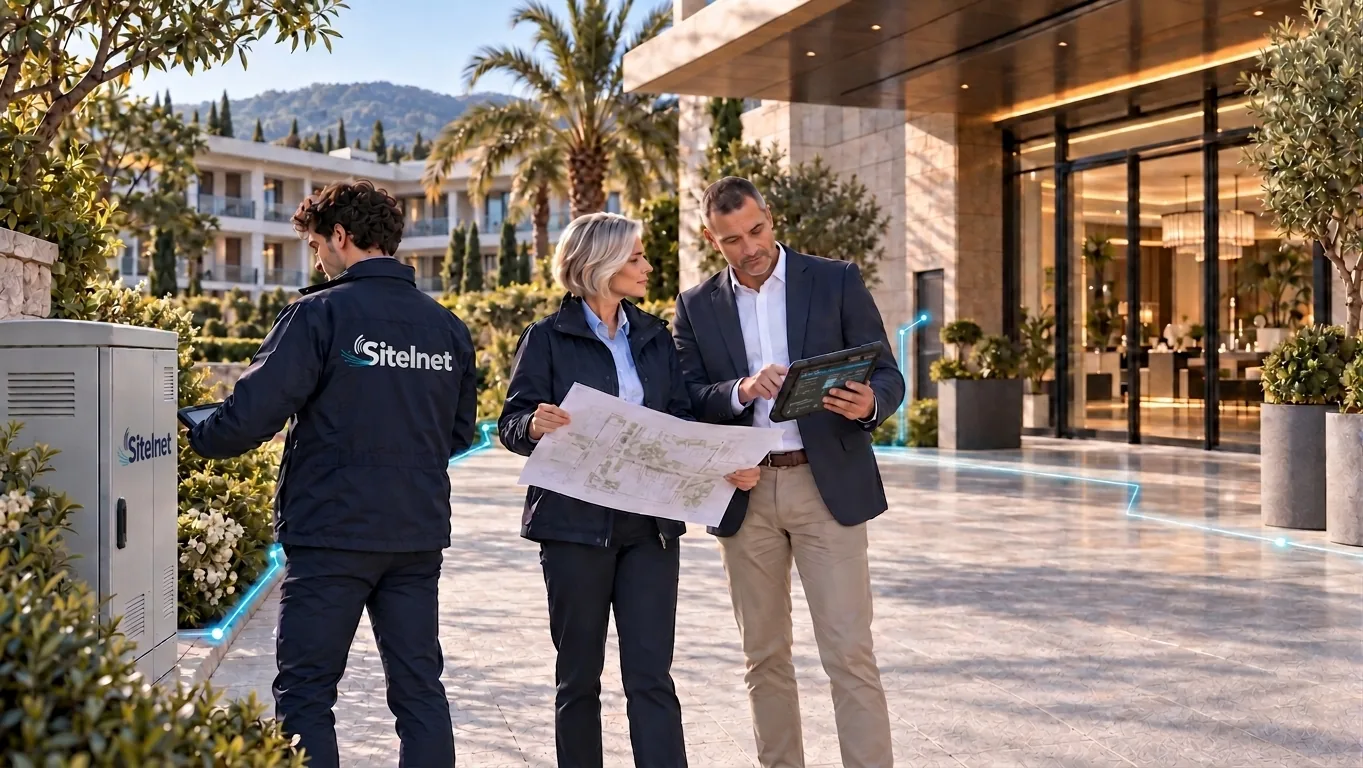 Otel tesisinde fiber altyapı dolabını kontrol eden Sitelnet teknisyeni