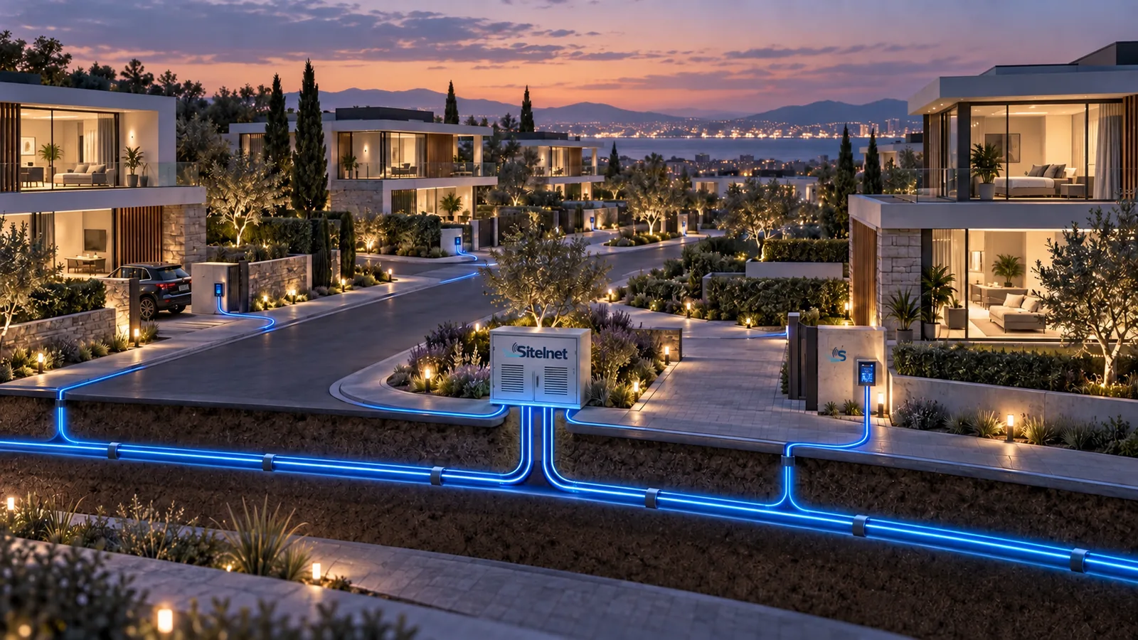 Ortak fiber altyapıyla bağlanan villa sitesi yerleşimi